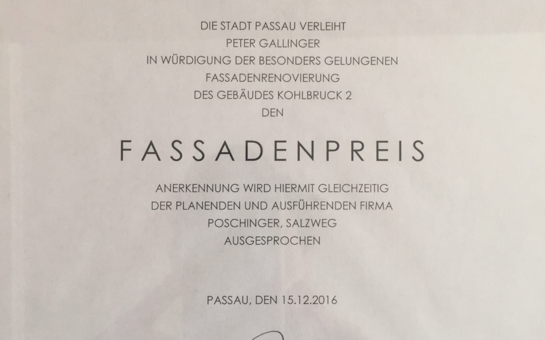 Fassadenpreis der Stadt Passau erhalten!
